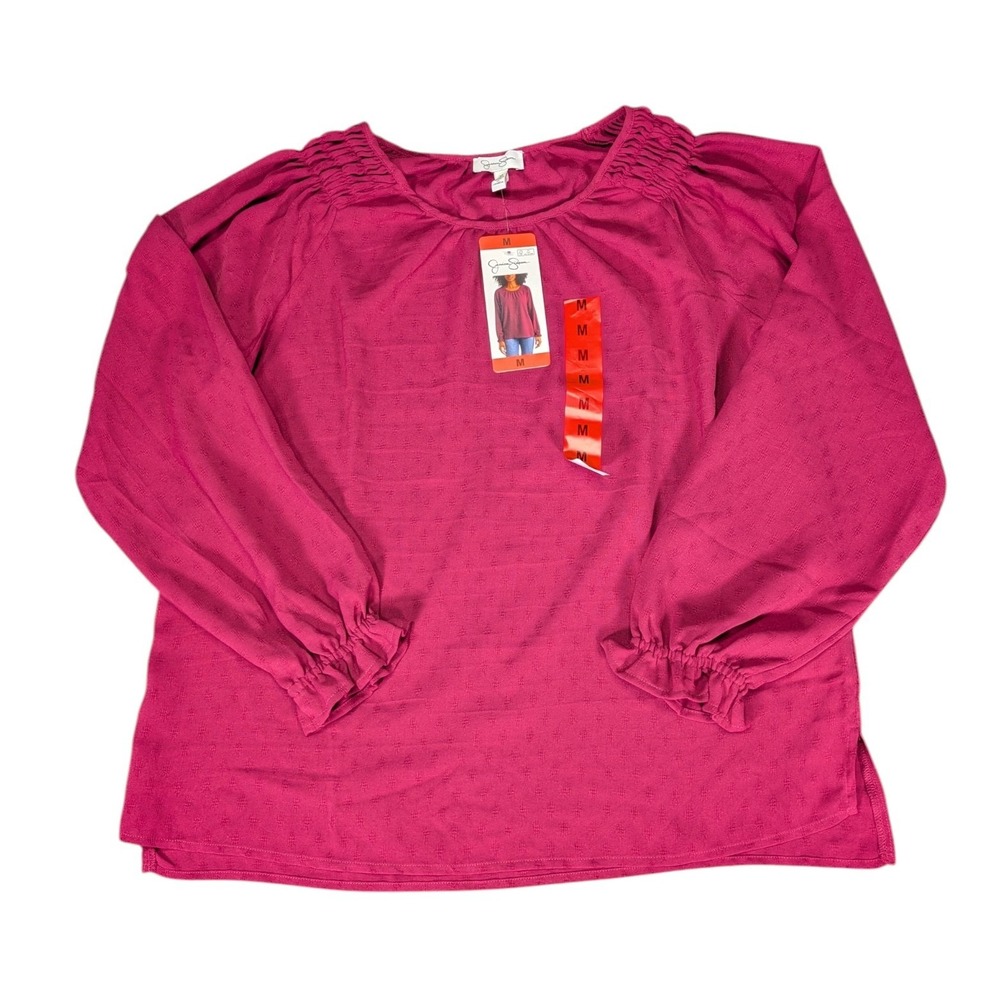 Jessica Simpson Women Magenta Clip Dot Smocked Shoulder Ruffle Cuff Blouse M NWT